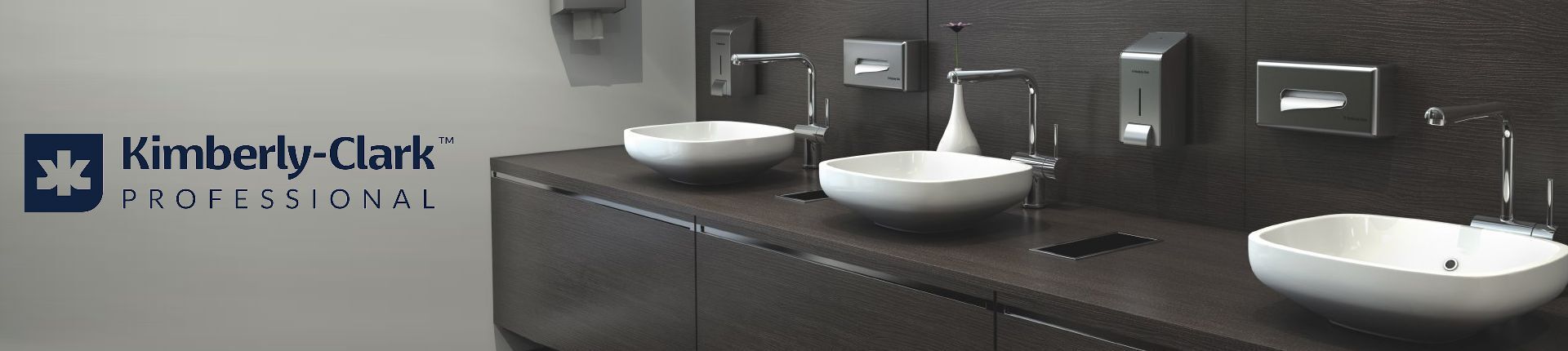 Moderne silberfarbene Handtuch- und Seifenspender von Kimberly-Clark in einem mit dunklen Holz und weißen Waschbecken gestalteten Waschraum an der Wand montiert Moderne silberfarbene Handtuch- und Seifenspender von Kimberly-Clark in einem mit dunklen Holz und weißen Waschbecken gestalteten Waschraum an der Wand montiert
