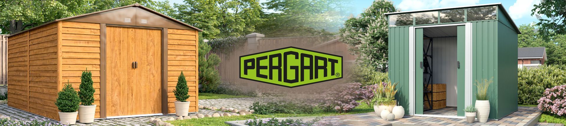 Pergart Gerätehäuser Modelle Frankfurt und Leipzig aufgebaut in einem Garten Pergart Gerätehäuser Modelle Frankfurt und Leipzig aufgebaut in einem Garten