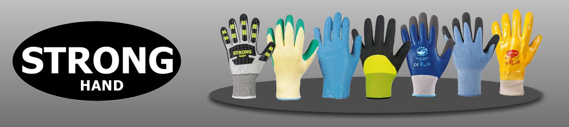 Strong Hand Logo, daneben 7 unterschiedliche Strong Hand Handschuhe aufgereiht Strong Hand Logo, daneben 7 unterschiedliche Strong Hand Handschuhe aufgereiht