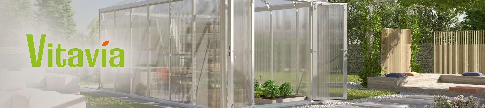 Vitavia Gewächshaus mit weißem Rahmen in Nahaufnahme Vitavia Gewächshaus mit weißem Rahmen in Nahaufnahme