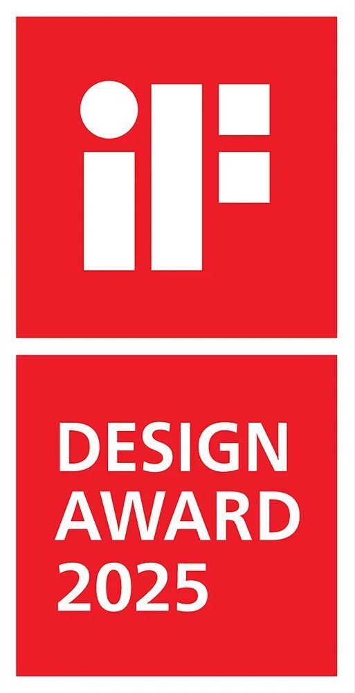 IF Design Award 2025 Logo hochkant roter Hintergrund, weiße Schrift