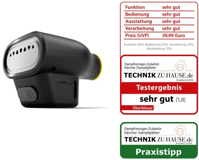 Kärcher Dampfglätter, daneben die Auszeichnungen von Technikzuhause.de