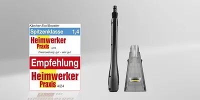 Auszeichnung Heimwerker Praxis 04-24 und Empfehlung, daneben der Kärcher Eco Booster