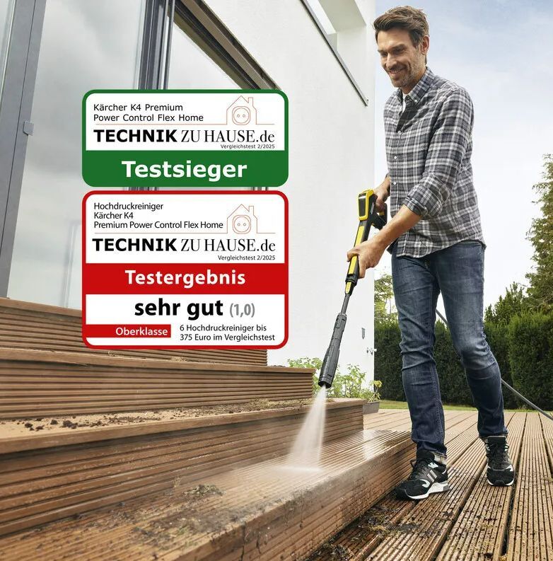 Kärcher Hochdruckreiniger K 4 Premium Power Control Flex Home Auszeichnung Technikzuhause.de Ein Mann reinigt mit einem Kärcher Hochdruckreiniger Treppenstufen einer Holzterrasse
