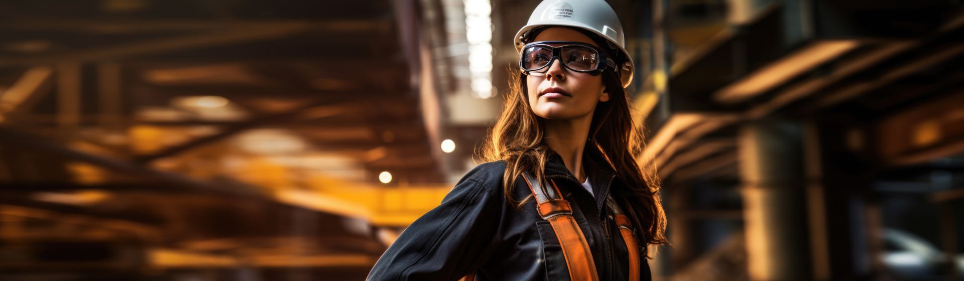 Junge Frau mit langen braunen Haaren mit weißem Schutzhelm, Schutzbrille in einem grauen Arbeitshemd und organefarbener Arbeits-Latzhose