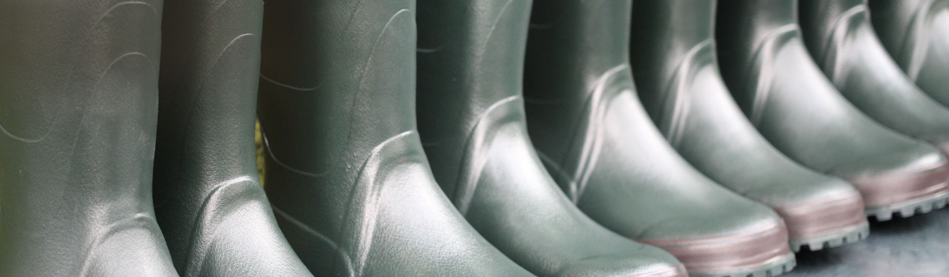 Dunkelgrüne PVC Stiefel nebeneinnander aufgestellt in Nahaufnahme Dunkelgrüne PVC Stiefel nebeneinnander aufgestellt in Nahaufnahme