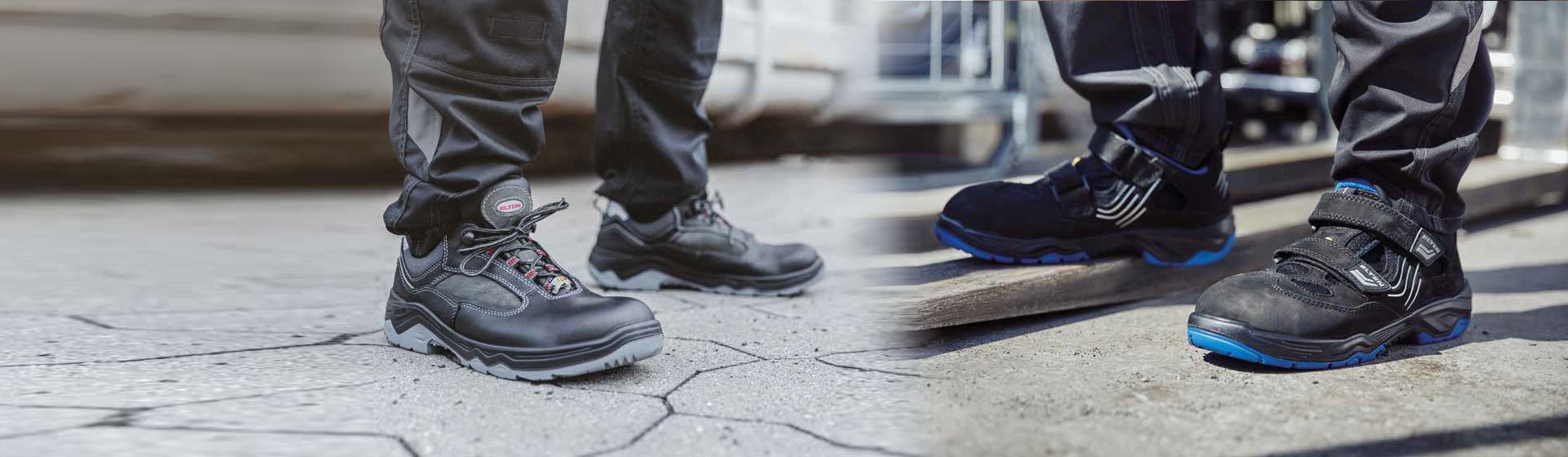 Zwei Paar Sicherheitshalbschuhe von Elten in Nahaufname Zwei Paar Sicherheitshalbschuhe von Elten in Nahaufname