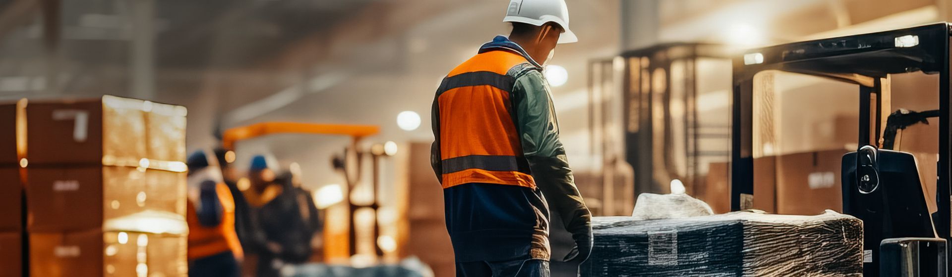 Mann in Arbeitsjacke mit weißem Schutzhelm bei Arbeiten in einem Lager Mann in Arbeitsjacke mit weißem Schutzhelm bei Arbeiten in einem Lager