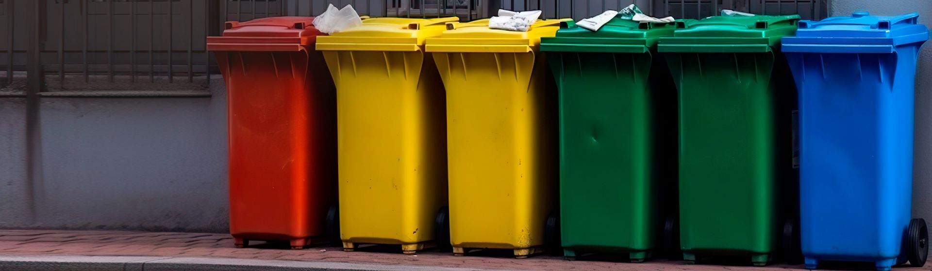 Eine rote, zwei gelbe, zwei grüne und eine blaue Mülltonne nebeneinanderstehend auf dem Gehweg vor einem Gebäude Eine rote, zwei gelbe, zwei grüne und eine blaue Mülltonne nebeneinanderstehend auf dem Gehweg vor einem Gebäude
