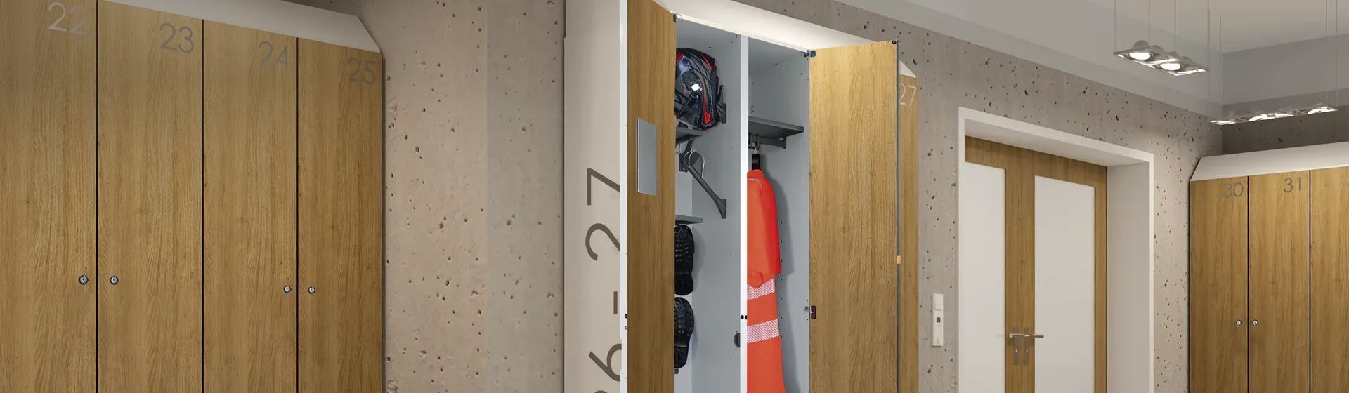 Systemschränke mit moderner Holzfront von C+P in einer Feuerwehr Umkleide
