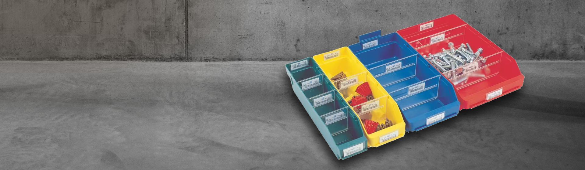 Stemo Kleinteilboxen in rot, gelb, grün und blau Stemo Kleinteilboxen in rot, gelb, grün und blau