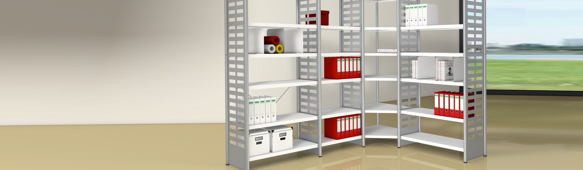 Kerkmann Eckregal aus Holz und Stahl bestückt mit Ordnern Kerkmann Eckregal aus Holz und Stahl bestückt mit Ordnern