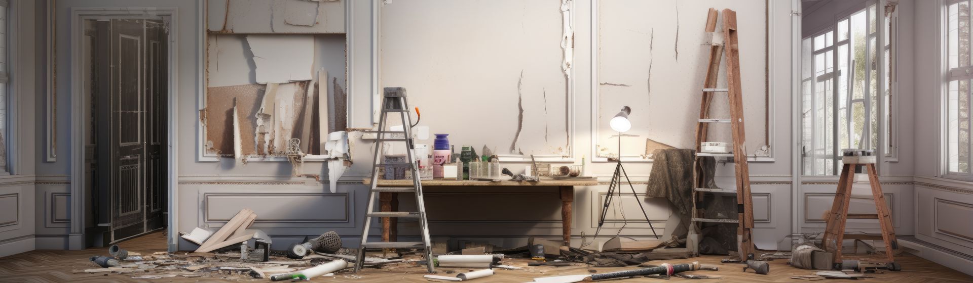 Drei Leitern im Zimmer einer Altbauwohnung, die gerade renoviert wird Drei Leitern im Zimmer einer Altbauwohnung, die gerade renoviert wird