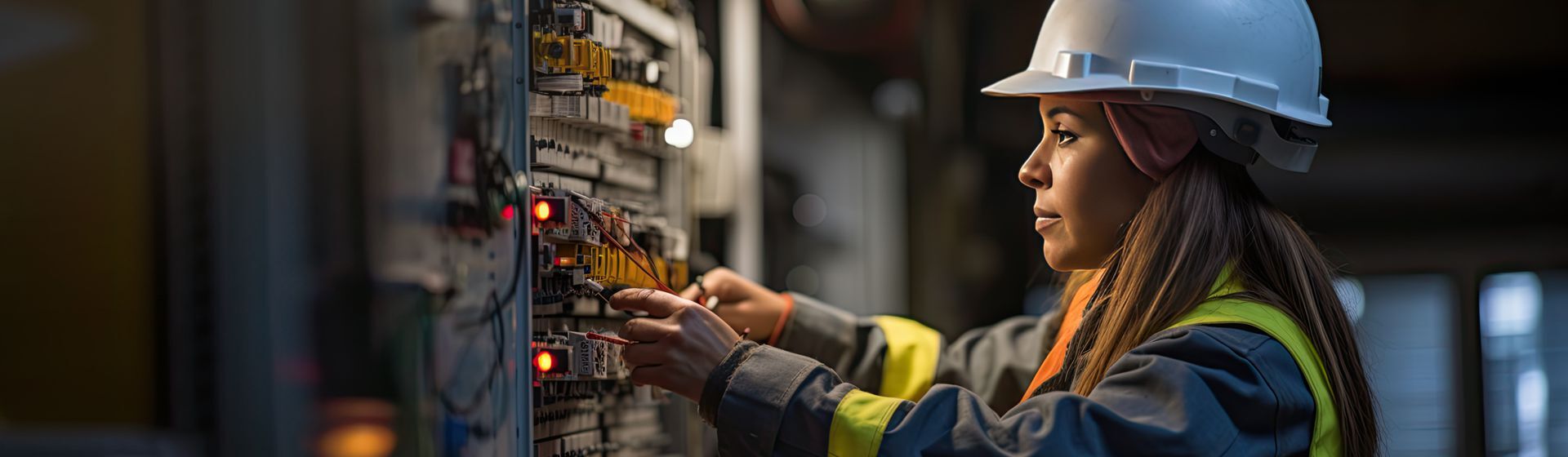 Junge Frau mit langen Haaren, Schutzhelm und Arbeitskleidung beim Prüfen eines Sicherungskastens Junge Frau mit langen Haaren, Schutzhelm und Arbeitskleidung beim Prüfen eines Sicherungskastens