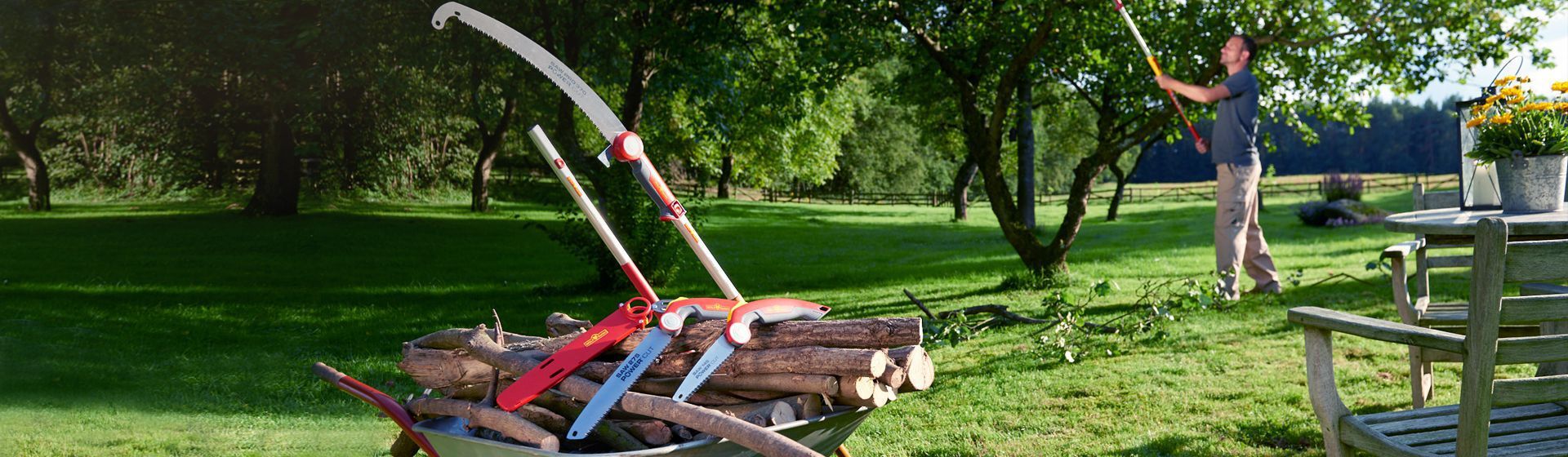 Wolf-Garten Baumscheren in einer Schubkarre liegend, im Hintergrund ein Mann bei Arbeiten mit einer Baumschere mit Teleskopgriff