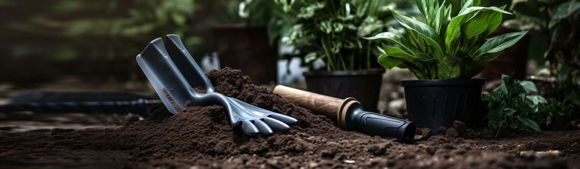 2 Garten-Handwerkzeuge aus Metall mit Holzgriff auf einem kleinen Haufen Blumenerde liegend, im Hintergrund Zimmerpflanzen 2 Garten-Handwerkzeuge aus Metall mit Holzgriff auf einem kleinen Haufen Blumenerde liegend, im Hintergrund Zimmerpflanzen
