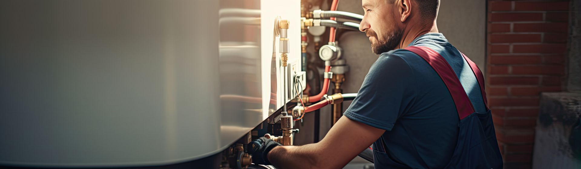 Handwerker in blauer Arbeitskleidung beim Prüfen von Rohren einer an der Wand hängenden Gastherme Handwerker in blauer Arbeitskleidung beim Prüfen von Rohren einer an der Wand hängenden Gastherme