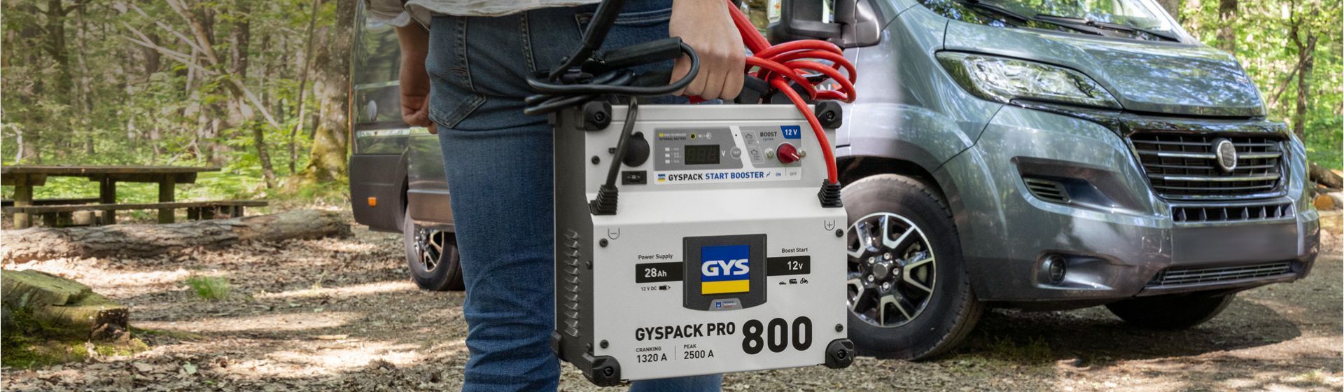 Mann trägt ein Batterieladegerät von Gys zu einem Wohnmobil Mann trägt ein Batterieladegerät von Gys zu einem Wohnmobil