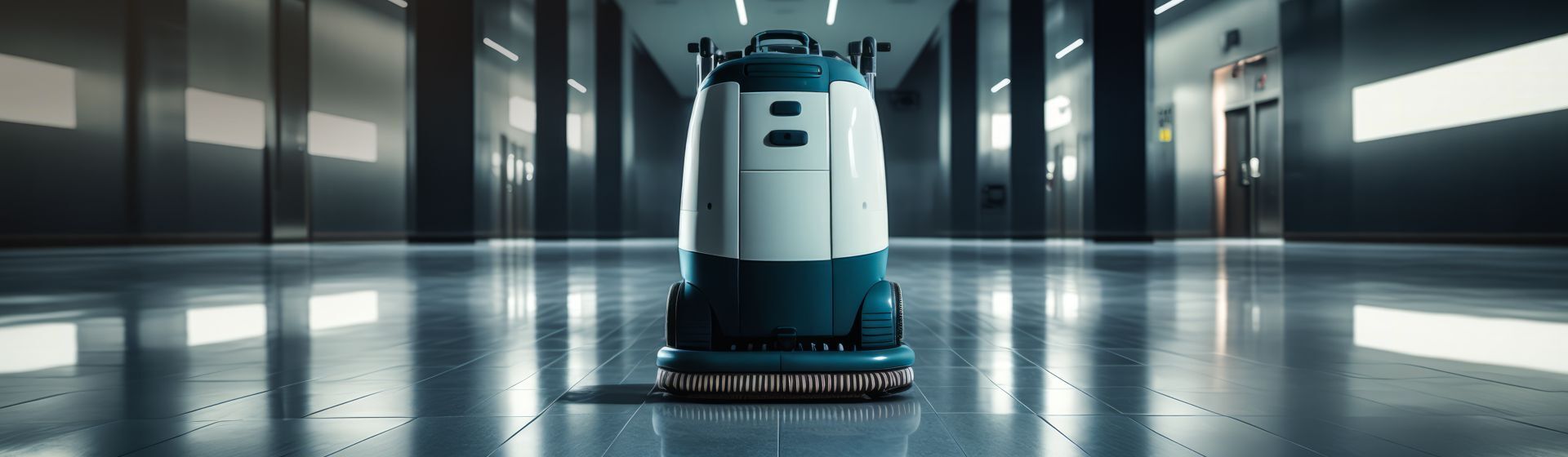 Automatische Scheuersaugmaschine frontal fotografiert beim Reinigen eines dunkelgrauen Fliesenbodens in einem dunkelgrau gestalteten Flur eines Industriegebäudes Automatische Scheuersaugmaschine frontal fotografiert beim Reinigen eines dunkelgrauen Fliesenbodens in einem dunkelgrau gestalteten Flur eines Industriegebäudes