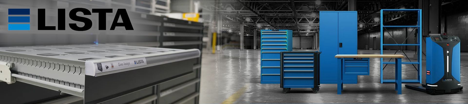 Schubladenschrank, Werkstattwagen, Flügeltürenschrank, Werbkbank, Regal und Förderfahrzeug von Lista nebeneinander stehend in einer Industriehalle Schubladenschrank, Werkstattwagen, Flügeltürenschrank, Werbkbank, Regal und Förderfahrzeug von Lista nebeneinander stehend in einer Industriehalle