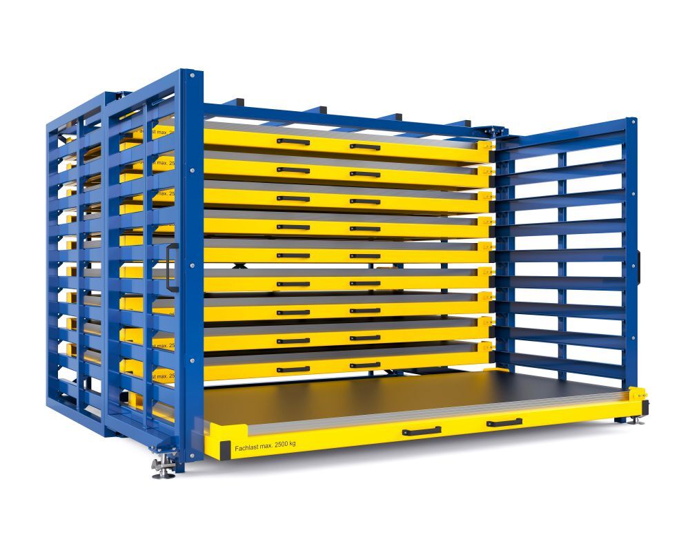 RR Schubfachregal für Bleche Typ RBR-G 40/10 4370 x 2440/4065 x 2310 mm RAL 1023 Produktbild RR Schubfachregal für Bleche Typ RBR-G 40/10 4370 x 2440/4065 x 2310 mm RAL 1023