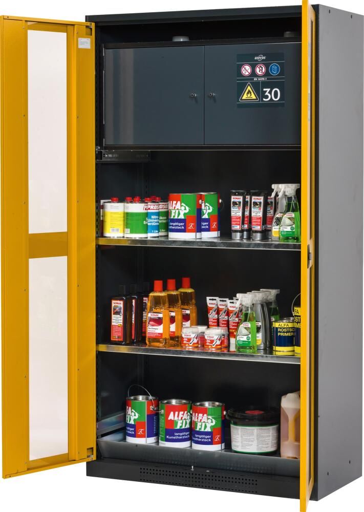 Asecos Chemikalienschrank Glas gelb 3 Tablarauszüge Produktbild Asecos Chemikalienschrank Glas gelb 3 Tablarauszüge