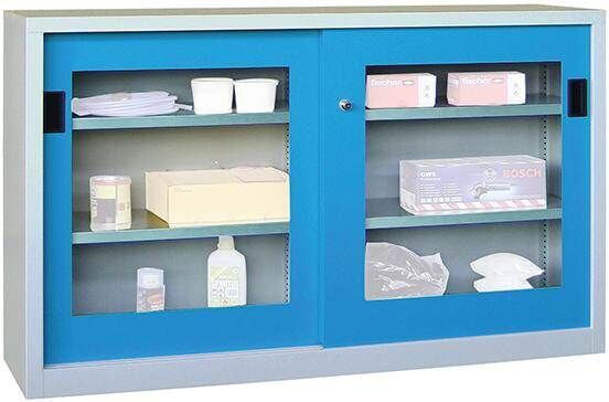 Pavoy Schiebetürenschrank 1500x400x1000mm Sichtfenster Böden verzinkt Produktbild Pavoy Schiebetürenschrank 1500x400x1000mm Sichtfenster Böden verzinkt