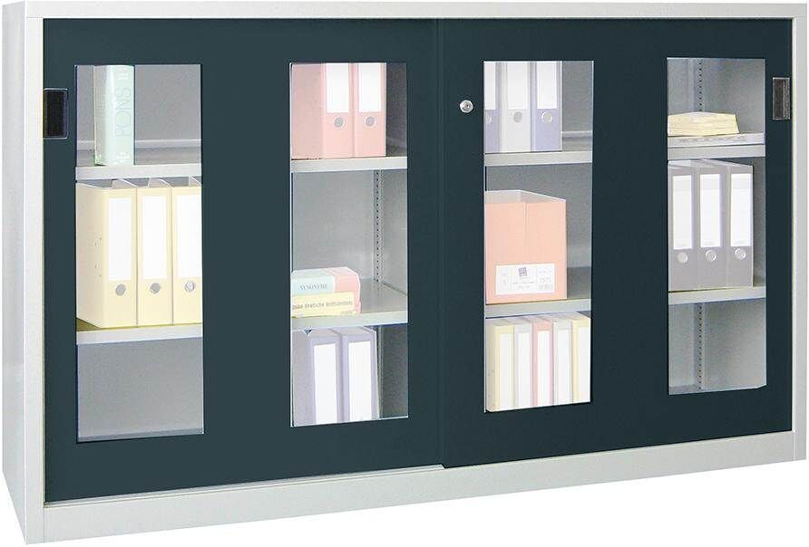 Pavoy Schiebetürenschrank 2000x400x1200mm gepulvert Sichtfenster RAL 7035 RAL 7016