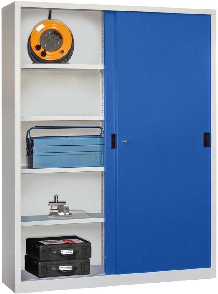 Pavoy Schwerlastschiebetürenschrank Höhe 1950 mm Böden gepulvert RAL 7035 5012 Produktbild Pavoy Schwerlastschiebetürenschrank Höhe 1950 mm Böden gepulvert RAL 7035 5012