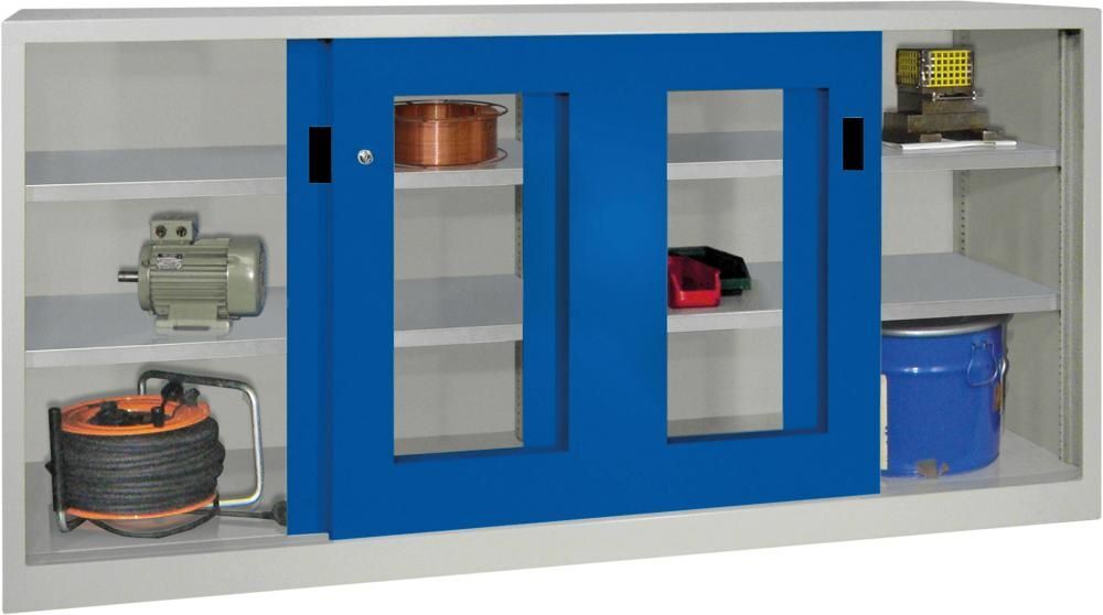 Pavoy Schwerlastschiebetürenschrank 2000 mm breit Sichtfenster RAL 7035 5012 Produktbild Pavoy Schwerlastschiebetürenschrank 2000 mm breit Sichtfenster RAL 7035 5012