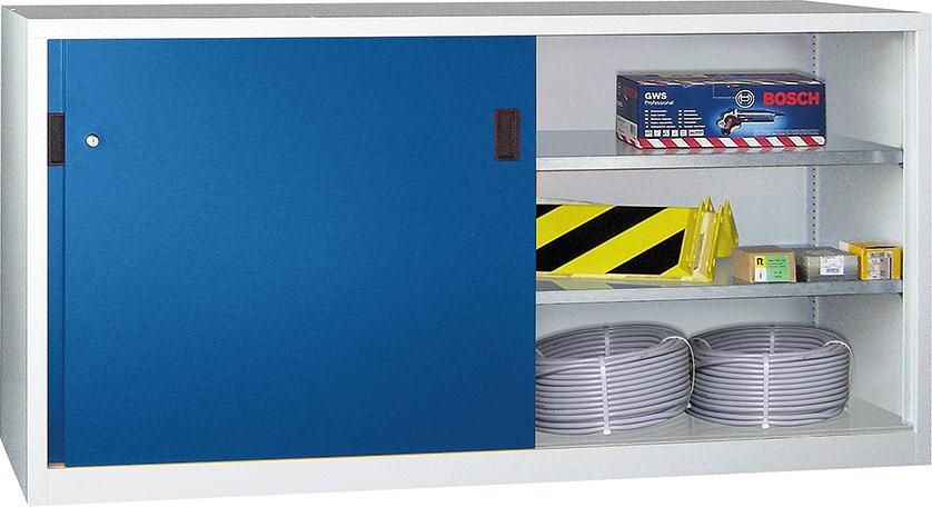 Pavoy Schwerlastschiebetürenschrank 2000 x 600 mm mit Trennwand RAL 7035 5012 Produktbild Pavoy Schwerlastschiebetürenschrank 2000 x 600 mm mit Trennwand RAL 7035 5012