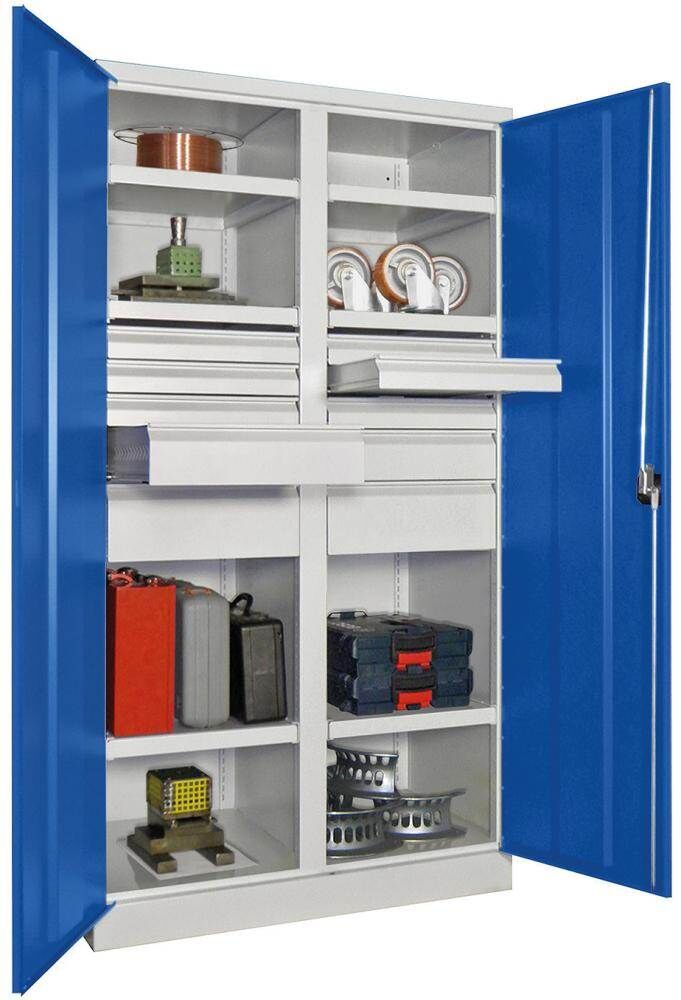 Pavoy Schwerlastschrank Drehgriff mit Trennwand 1040x630x1950mm 6 Böden 8 Schubladen Produktbild Pavoy Schwerlastschrank Drehgriff mit Trennwand 1040x630x1950mm 6 Böden 8 Schubladen