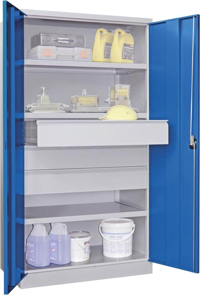 Pavoy Schwerlastschrank Maße 1040 x 630 x 1950 mm Drehgriff  3 Böden 3 Schubladen Produktbild Pavoy Schwerlastschrank Maße 1040 x 630 x 1950 mm Drehgriff  3 Böden 3 Schubladen