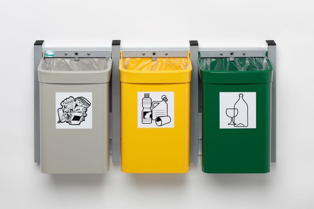 Var Abfallsammler Wandgerät G3 3er Kombination Pictogrammaufkleber grün gelb grau Produktbild Var Abfallsammler Wandgerät G3 3er Kombination Pictogrammaufkleber grün gelb grau