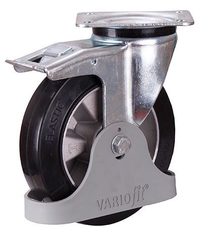 Variofit Bremsrolle Elastikvollgummi 200x50mm schwarz mit Fußschutz Traglast 350kg Produktbild Variofit Bremsrolle Elastikvollgummi 200x50mm schwarz mit Fußschutz Traglast 350kg