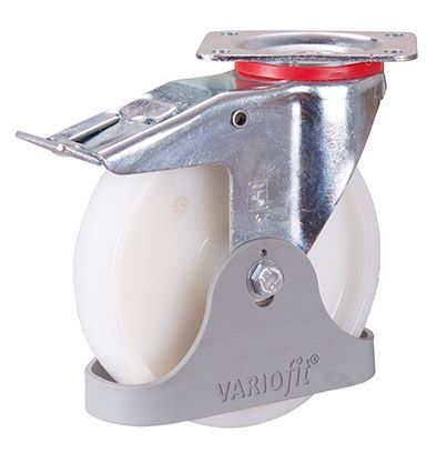 Variofit Bremsrolle Polyamid 200x50mm weiß mit Fußschutz Traglast 350kg Produktbild Variofit Bremsrolle Polyamid 200x50mm weiß mit Fußschutz Traglast 350kg
